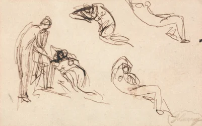 Stående figur och fyra liggande figurer